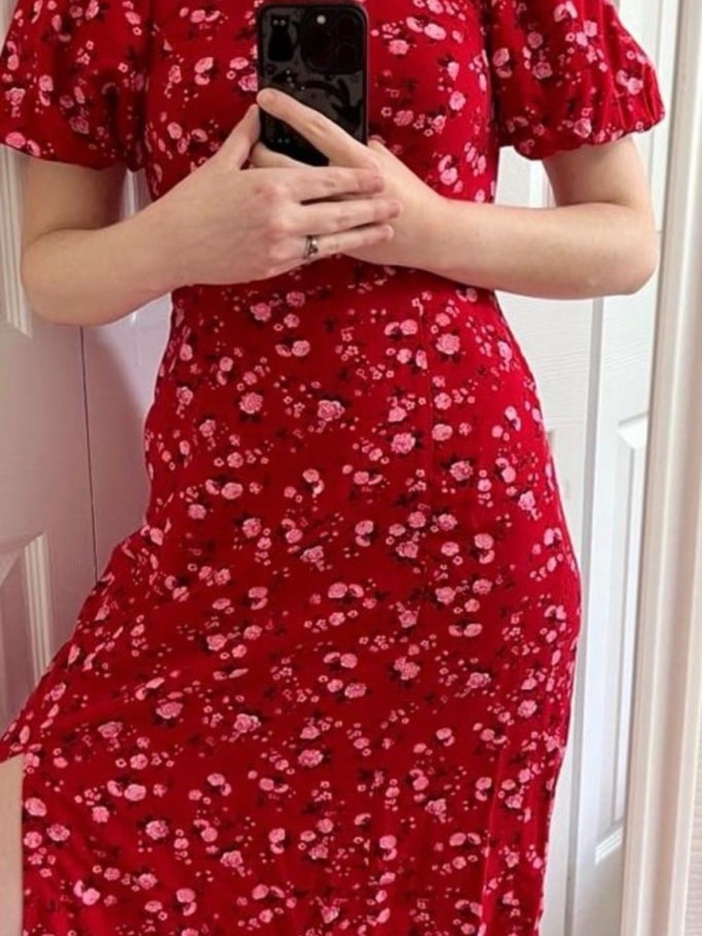 Red Floral Midi Dress with Puff Sleeves Old Navy XXL
